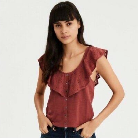 AEO Terracotta Copper Rust Embroidered Eyelet Lace Ruffle Crop Blouse Tank Top - Picture 2 of 10